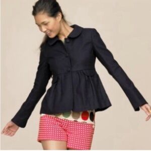 J. Crew Navy Linen Blend Peplum Rounded Collar Polka Dot Lined Blazer Size 8